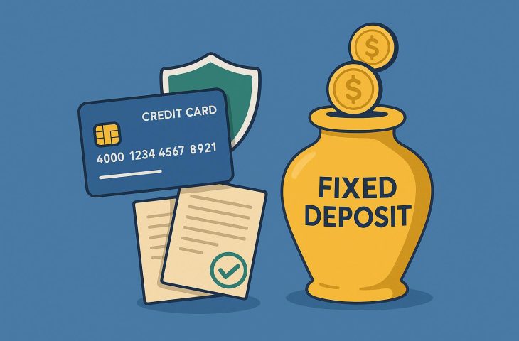Credit card next to fixed deposit documents representing building credit history securely
