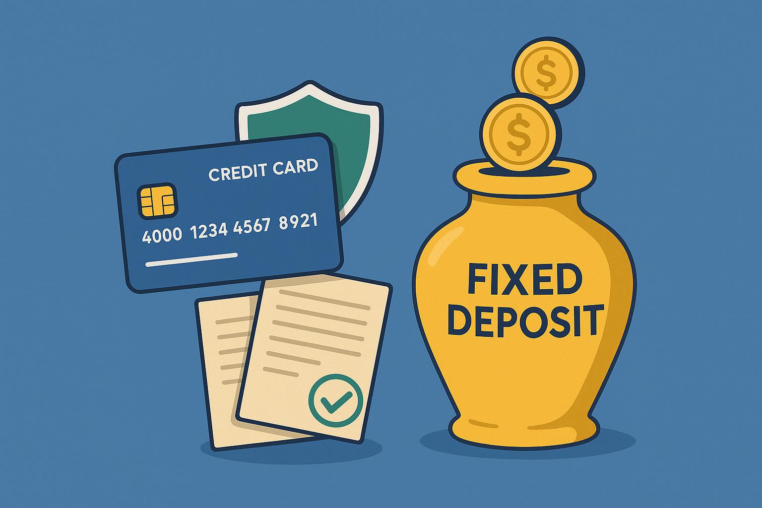 Credit card next to fixed deposit documents representing building credit history securely