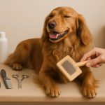 Well-groomed dog being brushed, showcasing healthy coat as part of regular grooming benefits