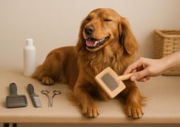 Well-groomed dog being brushed, showcasing healthy coat as part of regular grooming benefits