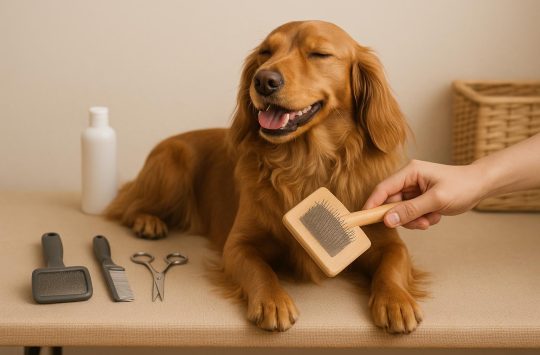Well-groomed dog being brushed, showcasing healthy coat as part of regular grooming benefits