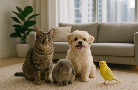 Small dog and cat relaxing together on a modern condo sofa, ideal pets for apartment living