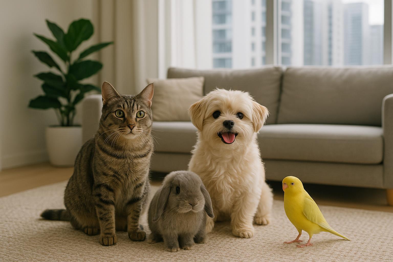 Small dog and cat relaxing together on a modern condo sofa, ideal pets for apartment living