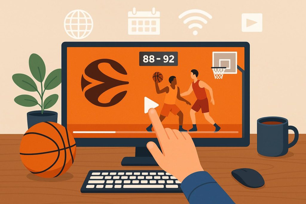 EuroLeague basketball game streaming on laptop with event schedule and team logos visible