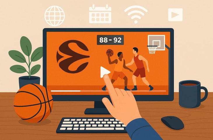 EuroLeague basketball game streaming on laptop with event schedule and team logos visible
