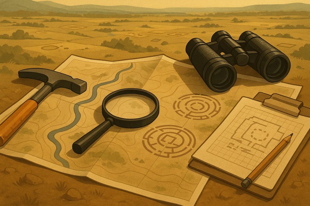 Archaeologists surveying landscape using technology to locate ancient sites before excavation