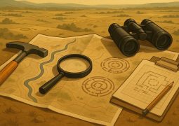 Archaeologists surveying landscape using technology to locate ancient sites before excavation