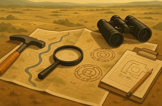 Archaeologists surveying landscape using technology to locate ancient sites before excavation