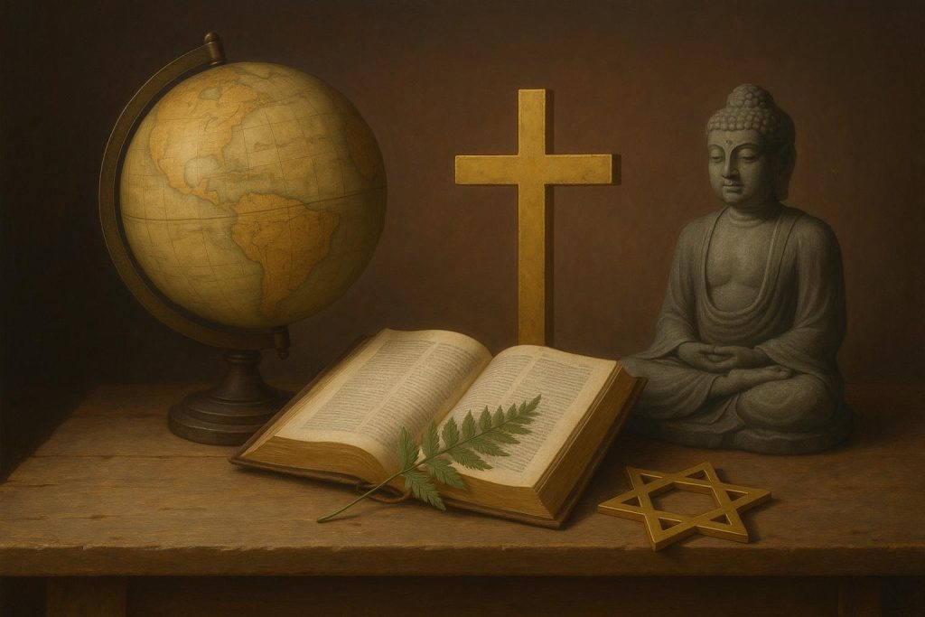 Artifacts and symbols representing various religious perspectives on the natural world