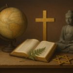 Artifacts and symbols representing various religious perspectives on the natural world