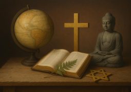 Artifacts and symbols representing various religious perspectives on the natural world