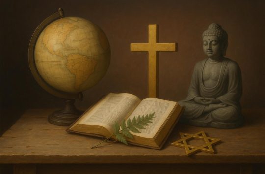 Artifacts and symbols representing various religious perspectives on the natural world