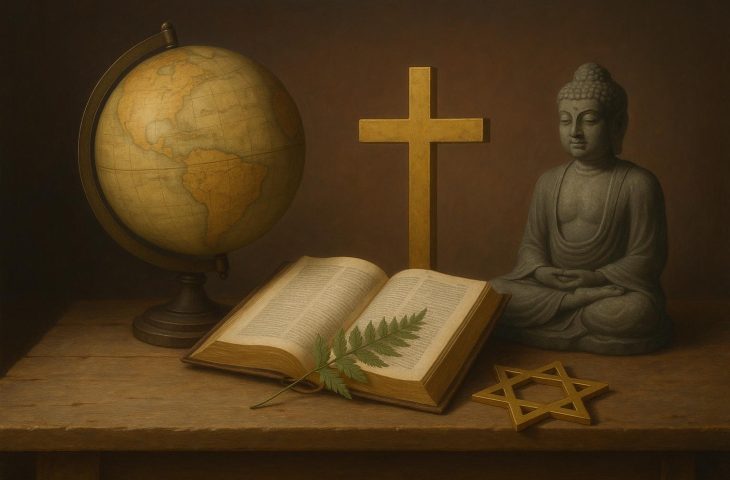 Artifacts and symbols representing various religious perspectives on the natural world