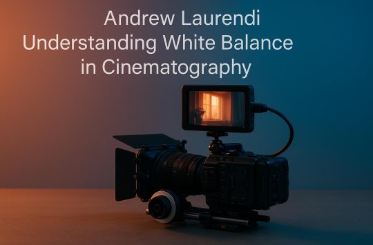 Camera adjusting white balance settings on a film set for optimal cinematography lighting
