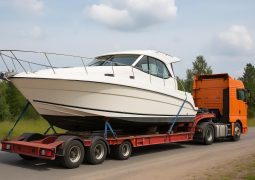 Secure boat being lifted by crane onto transport trailer, demonstrating safe boat transfer techniques