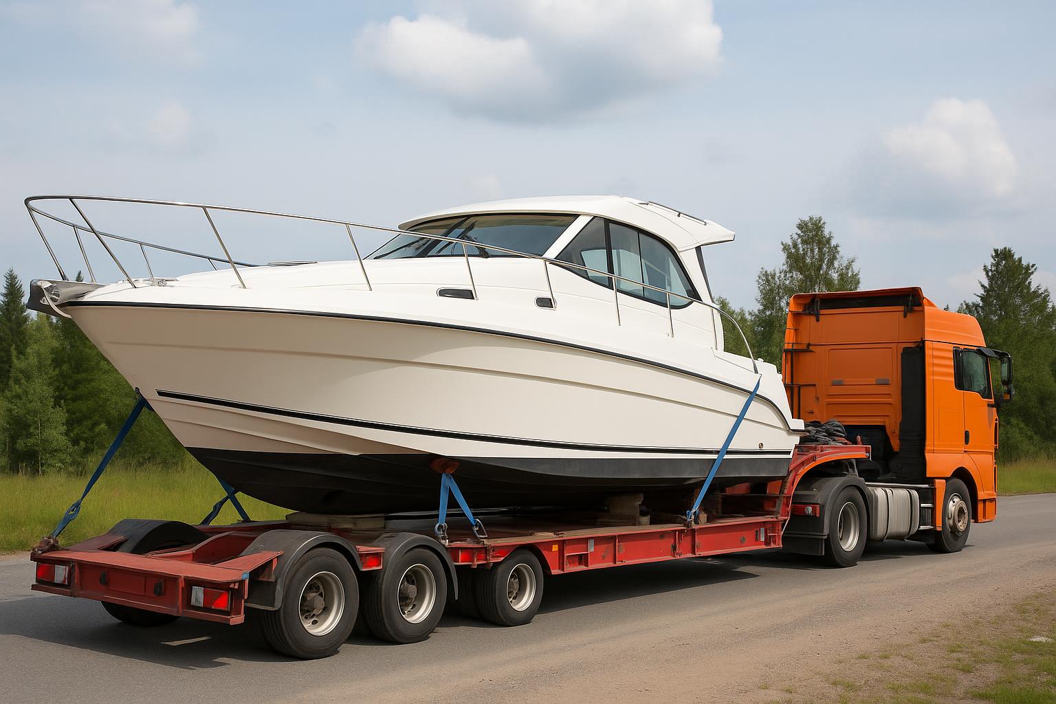 Secure boat being lifted by crane onto transport trailer, demonstrating safe boat transfer techniques