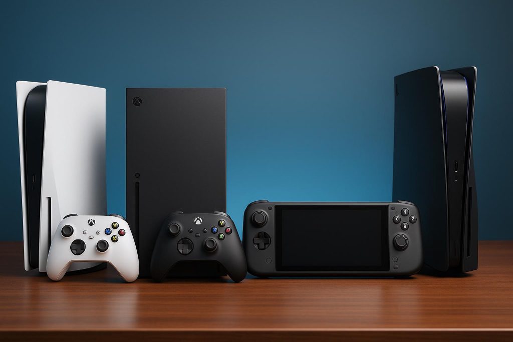 Top gaming consoles with controllers and game cases arranged on a modern entertainment center