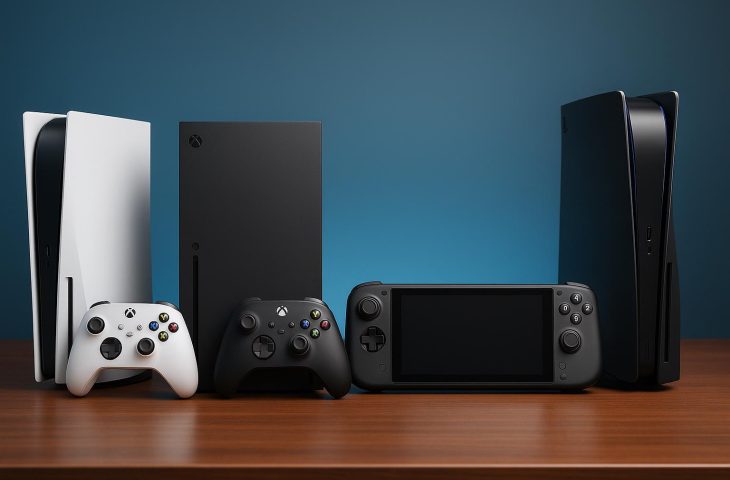 Top gaming consoles with controllers and game cases arranged on a modern entertainment center
