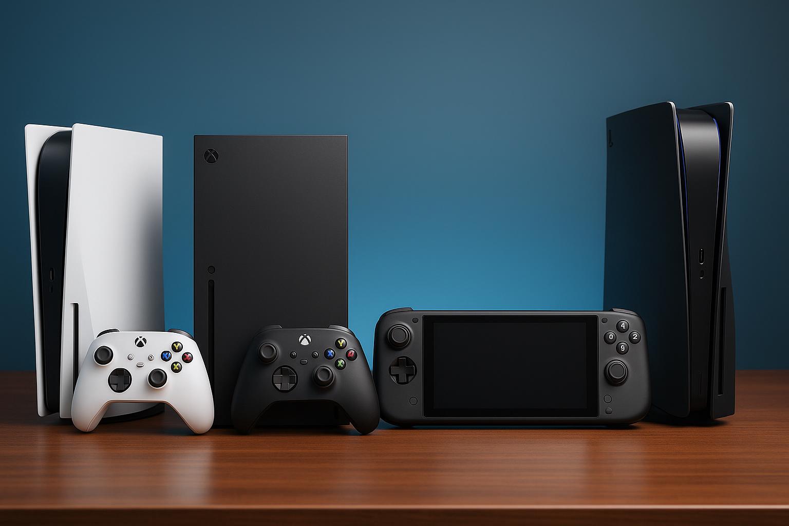 Top gaming consoles with controllers and game cases arranged on a modern entertainment center