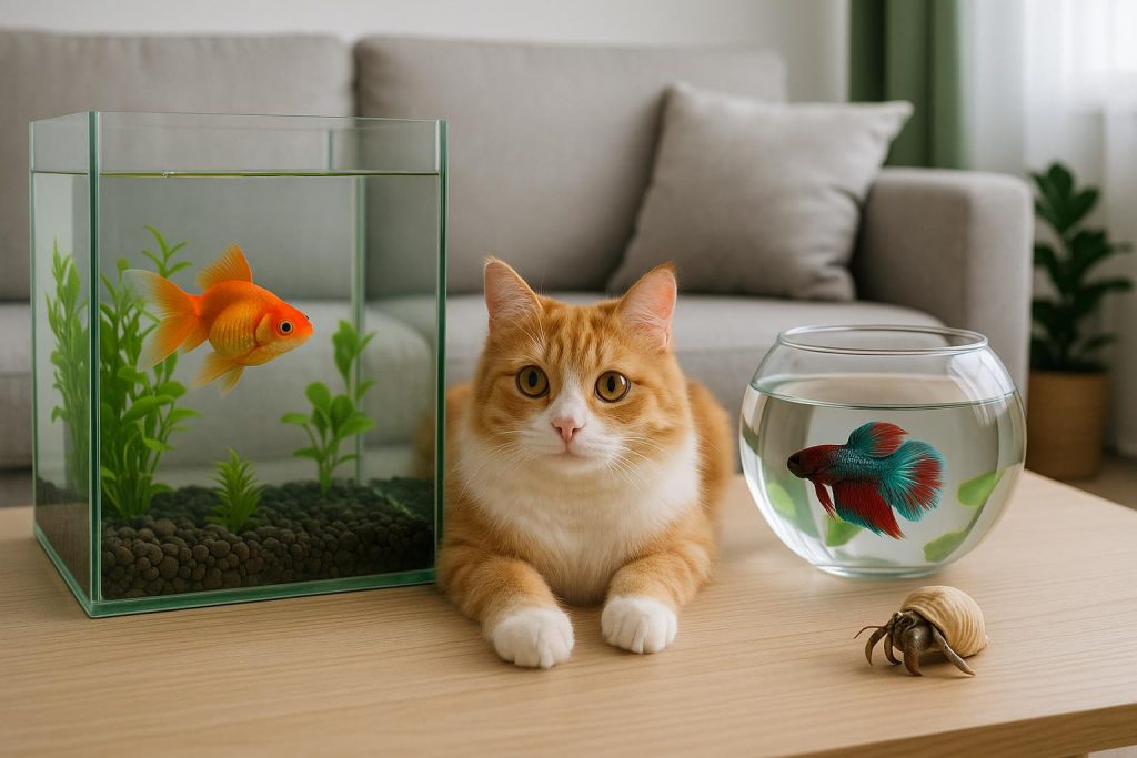 Small dog, cat, goldfish, and budgie together in a modern condo living room, showcasing pet options