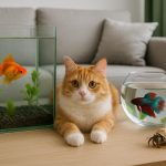 Small dog, cat, goldfish, and budgie together in a modern condo living room, showcasing pet options