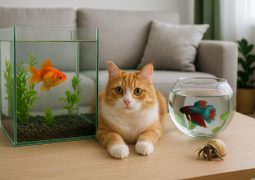 Small dog, cat, goldfish, and budgie together in a modern condo living room, showcasing pet options