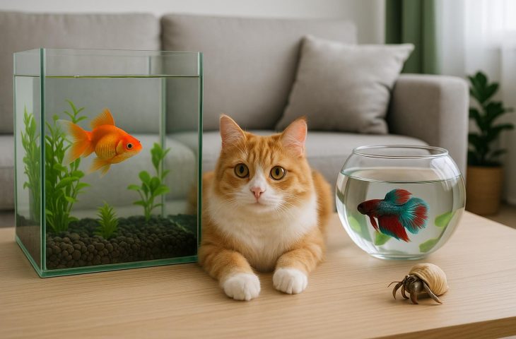 Small dog, cat, goldfish, and budgie together in a modern condo living room, showcasing pet options