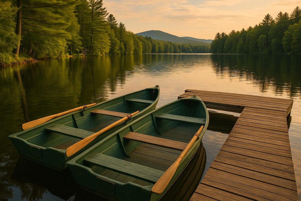Camp Quinebarge cabins surrounded by pine trees, fostering friendship and outdoor activities