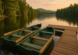 Camp Quinebarge cabins surrounded by pine trees, fostering friendship and outdoor activities
