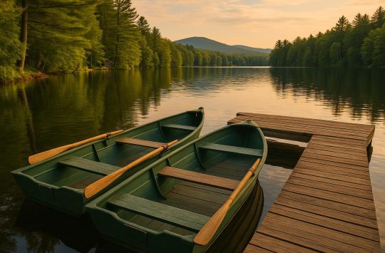 Camp Quinebarge cabins surrounded by pine trees, fostering friendship and outdoor activities