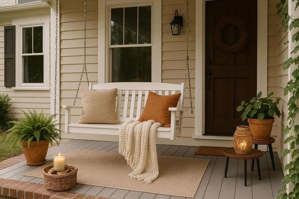 Inviting front porch with comfortable seating, throw pillows, and potted plants for a cosy retreat