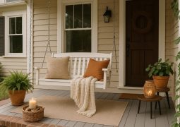 Inviting front porch with comfortable seating, throw pillows, and potted plants for a cosy retreat