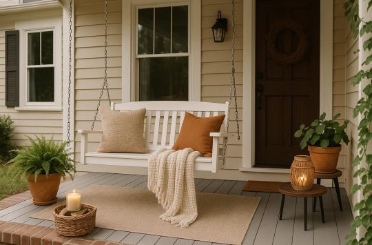 Inviting front porch with comfortable seating, throw pillows, and potted plants for a cosy retreat