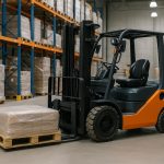 Forklift lifting pallets in warehouse, illustrating efficient forklift rental for material handling