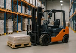 Forklift lifting pallets in warehouse, illustrating efficient forklift rental for material handling
