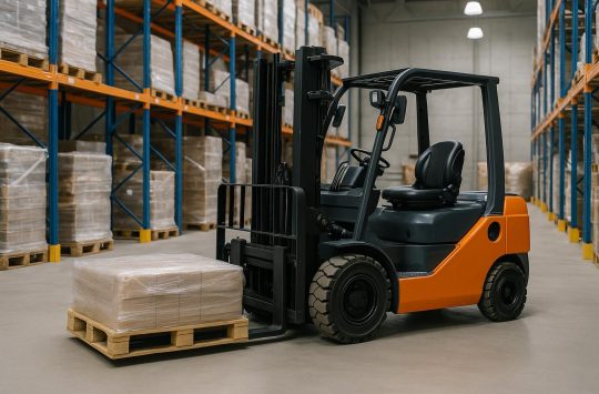Forklift lifting pallets in warehouse, illustrating efficient forklift rental for material handling