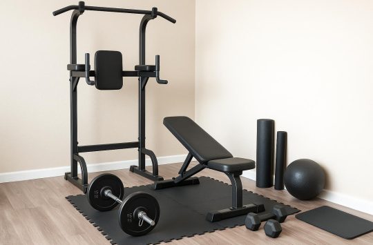Compact condo home gym setup with affordable fitness equipment for small living spaces