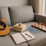 Board games set up on a coffee table in a modern condo living room with cozy decor