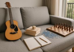 Board games set up on a coffee table in a modern condo living room with cozy decor