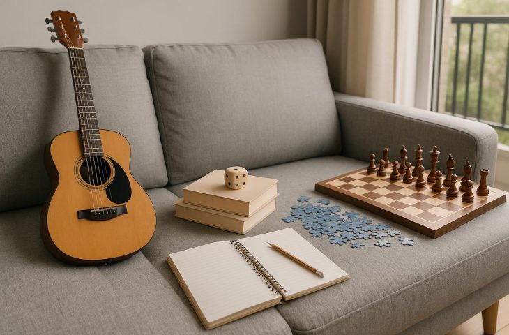 Board games set up on a coffee table in a modern condo living room with cozy decor