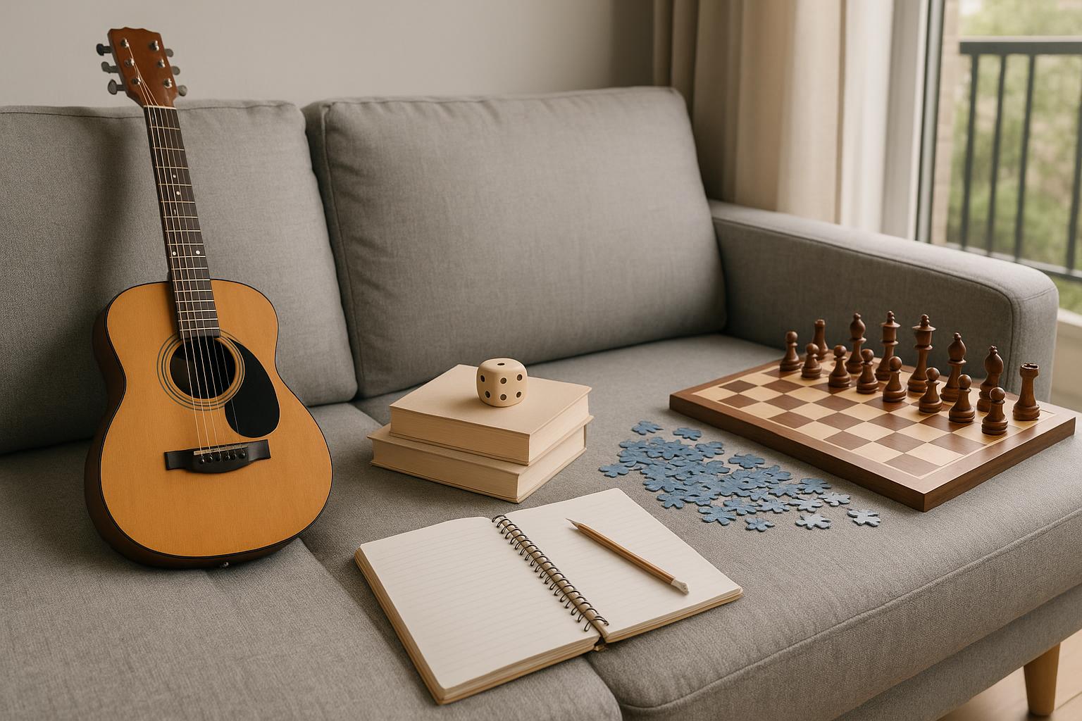 Board games set up on a coffee table in a modern condo living room with cozy decor