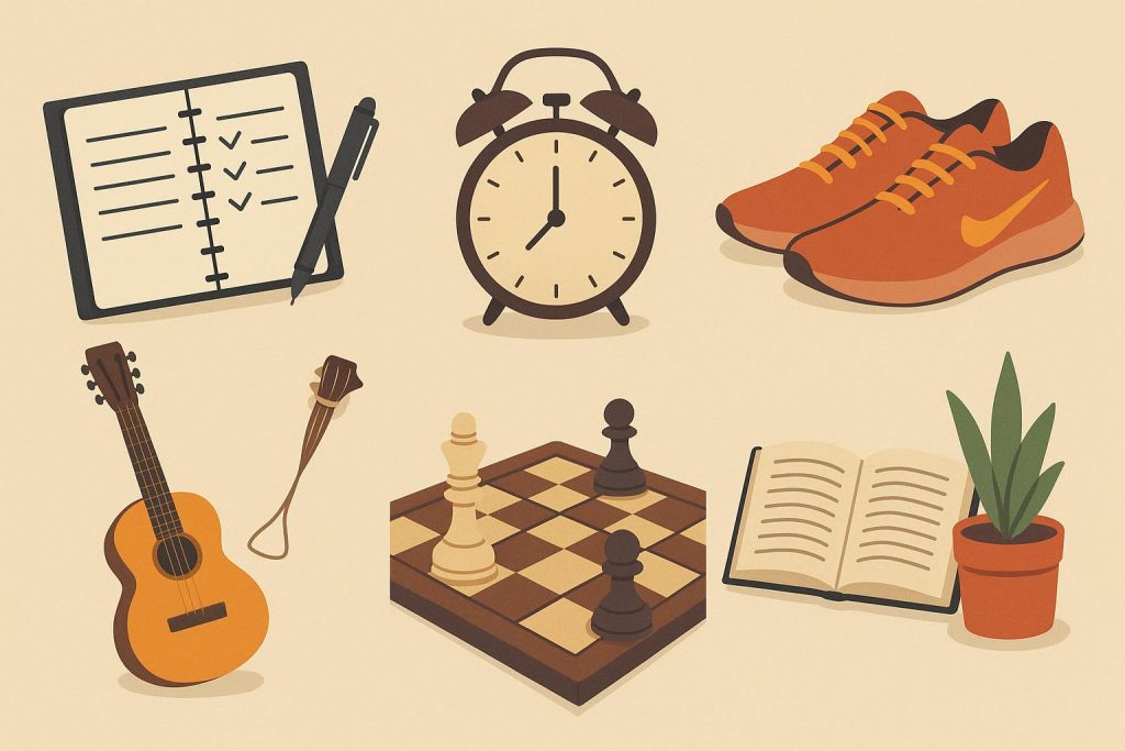 Colorful flat lay of journaling supplies, running shoes, guitar, chessboard, paints, and a book