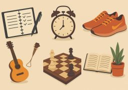 Colorful flat lay of journaling supplies, running shoes, guitar, chessboard, paints, and a book