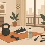 Woman exercising with dumbbells in modern condo living room, promoting healthy fitness habits