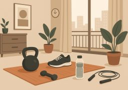 Woman exercising with dumbbells in modern condo living room, promoting healthy fitness habits