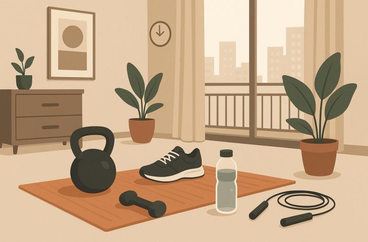 Woman exercising with dumbbells in modern condo living room, promoting healthy fitness habits