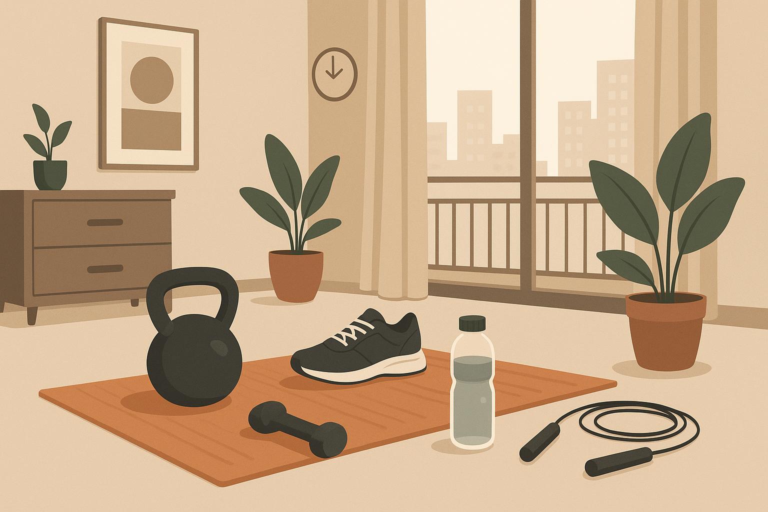 Woman exercising with dumbbells in modern condo living room, promoting healthy fitness habits