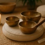 Crystal singing bowls arranged for a sound bath session promoting holistic wellness practices.