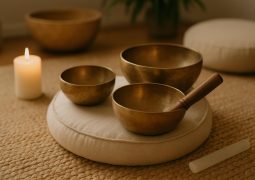 Crystal singing bowls arranged for a sound bath session promoting holistic wellness practices.
