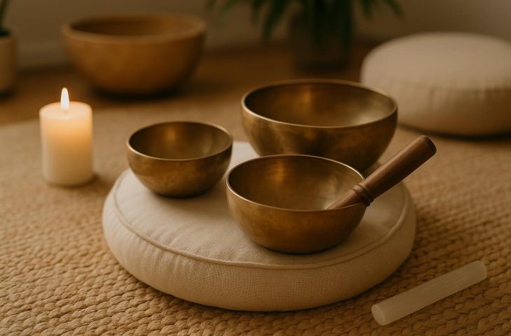 Crystal singing bowls arranged for a sound bath session promoting holistic wellness practices.